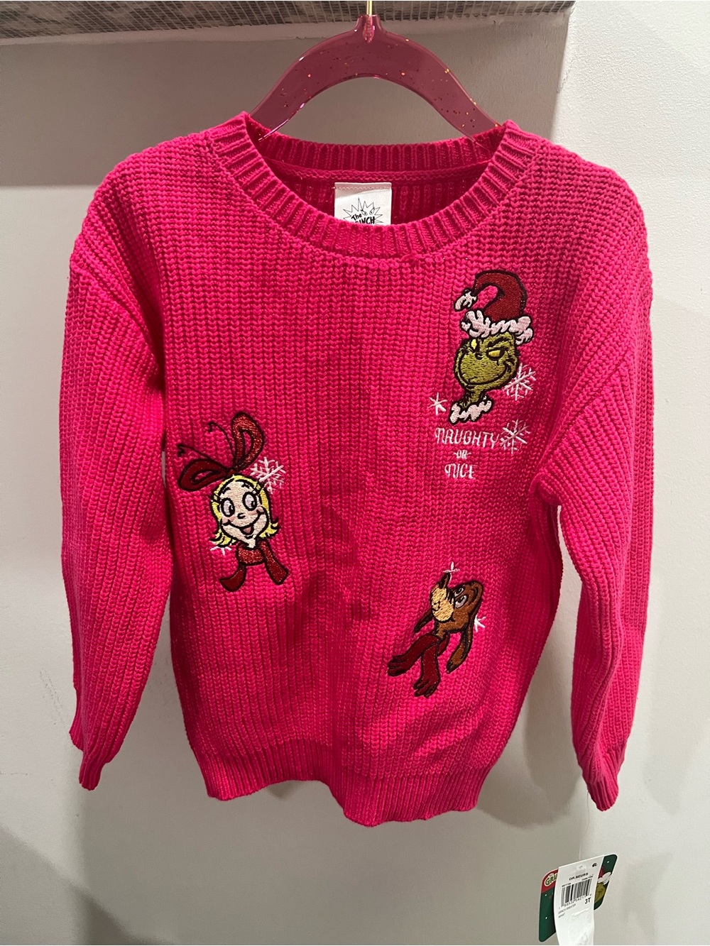 Kids Hot Pink Holiday Crewneck Sweater with Festive Embroidered Characters